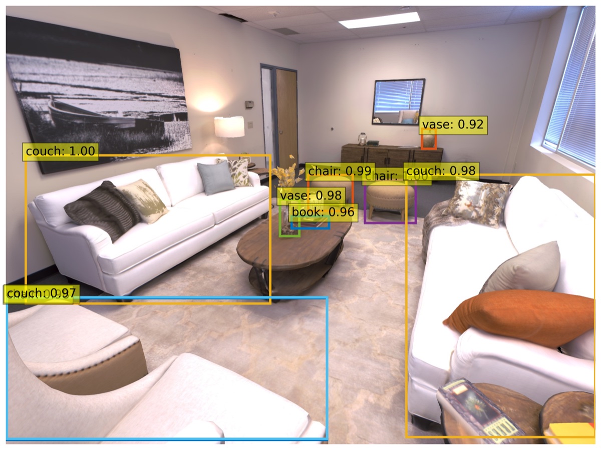 GAS — object detections overlaid on a Replica living-room frame